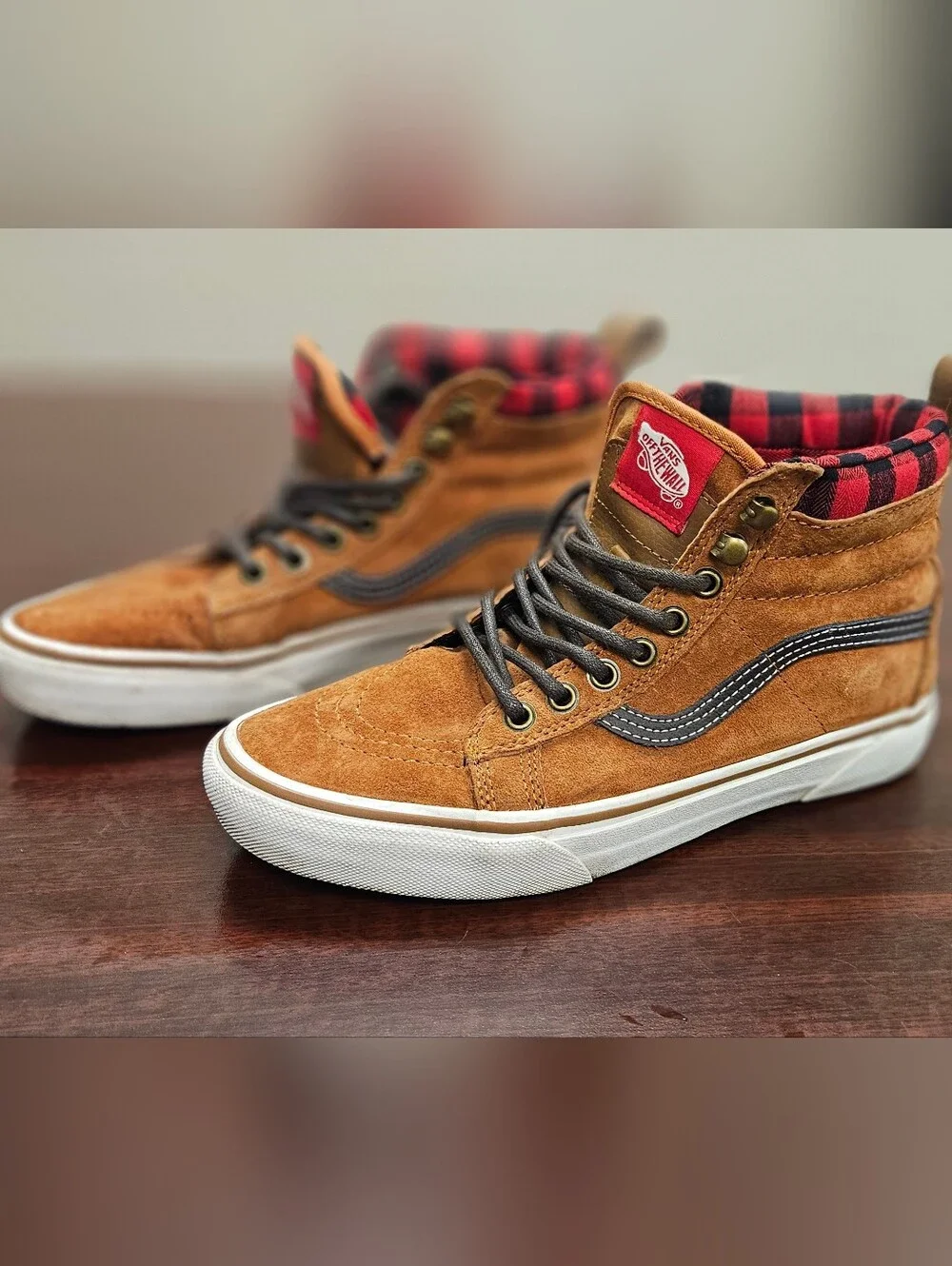Vans Tan Suede High-Top Sneakers with Red Plaid Collar